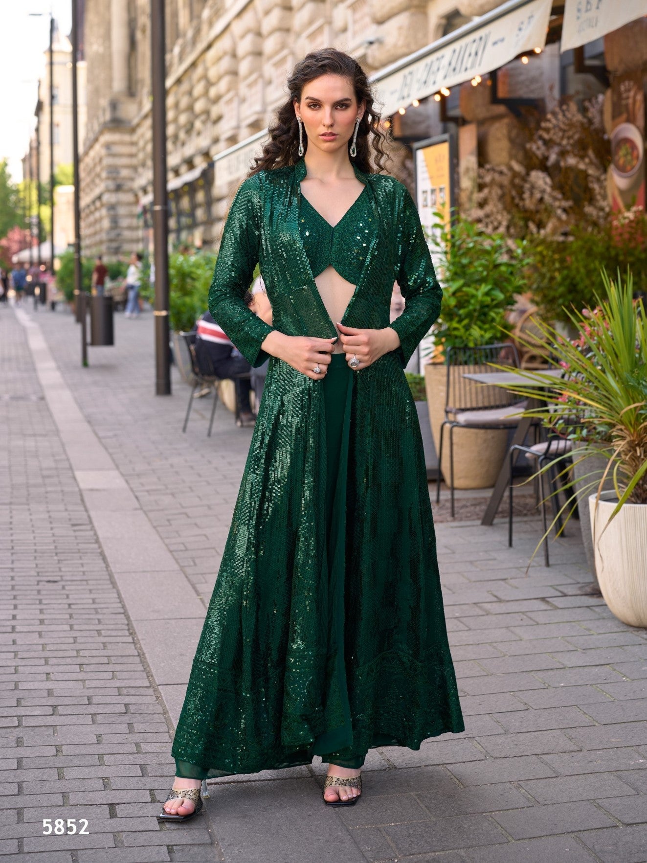 Anaita Dark-Green Georgette Stitched Shrug Suit With Embroidered Sequins Work