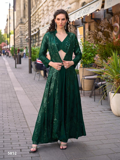 Anaita Dark-Green Georgette Stitched Shrug Suit With Embroidered Sequins Work