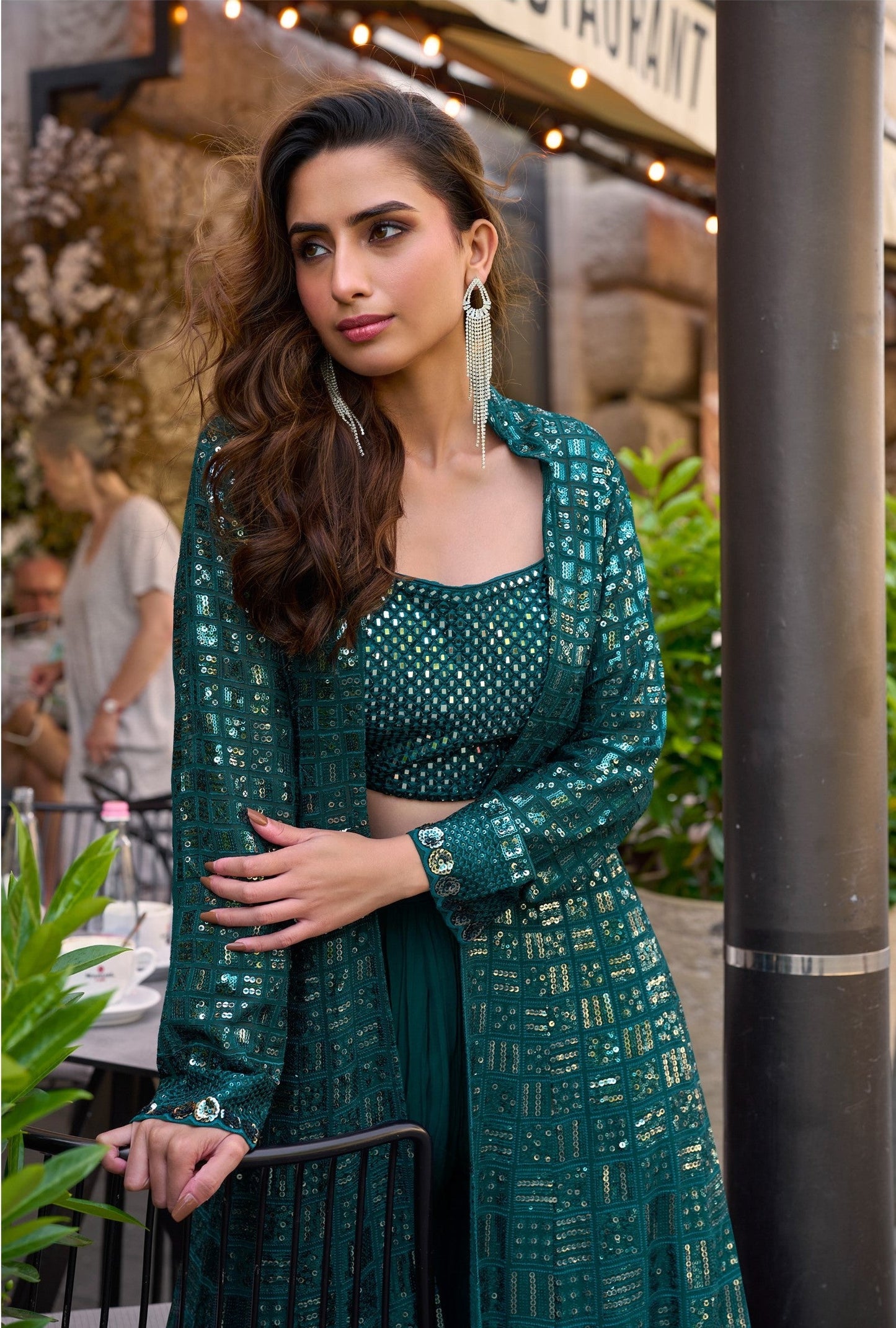 Anaita Emerald Georgette Stitched Shrug Suit With Embroidered Sequins Work