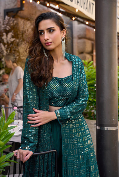 Anaita Emerald Georgette Stitched Shrug Suit With Embroidered Sequins Work