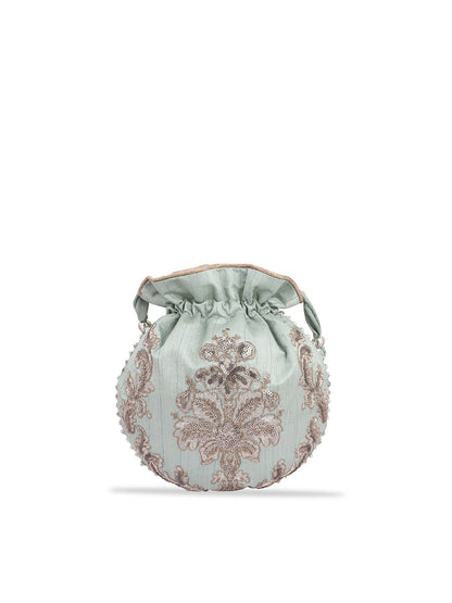 Masq Women Green & Silver-Toned Embellished Potli Clutch