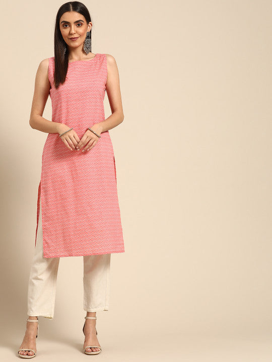 Anayna Women Pink & White Pure Cotton Floral Printed Kurta