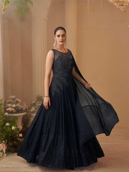 Anaita Black Chinon Silk Stitched Gown With Embroidery Work