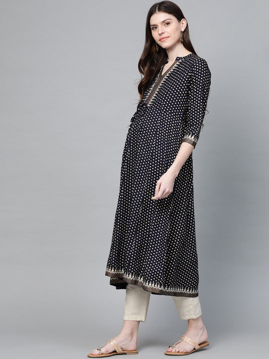 Anayna Women Navy Blue & Golden Ethnic Motifs Block Print A-Line Maternity & Nursing Kurta