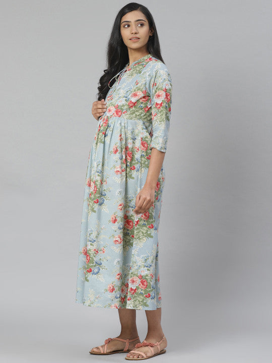 Anayna Blue & Green Floral Printed Pure Cotton Maternity A-Line Dress