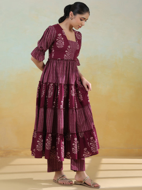 Anayna Floral Printed Tiered Square Neck Pure Cotton Anarkali Kurta With Trousers