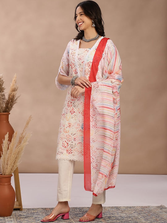 Fabmora Women Printed Regular Pure Cotton Kurta with Trousers & With Dupatta