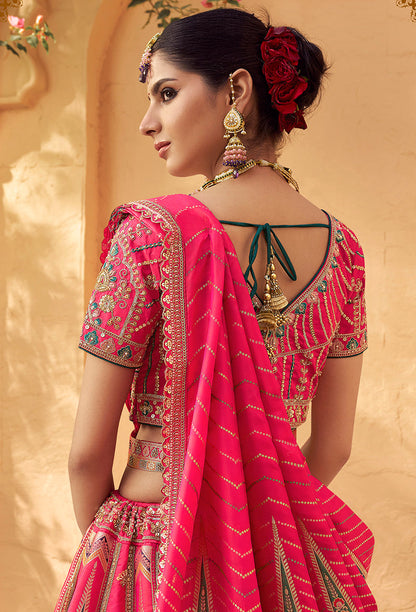 Monjolika Fashion Hot Pink & Peach Banarasi Silk Wedding Wear Lehenga With Embroidery Work