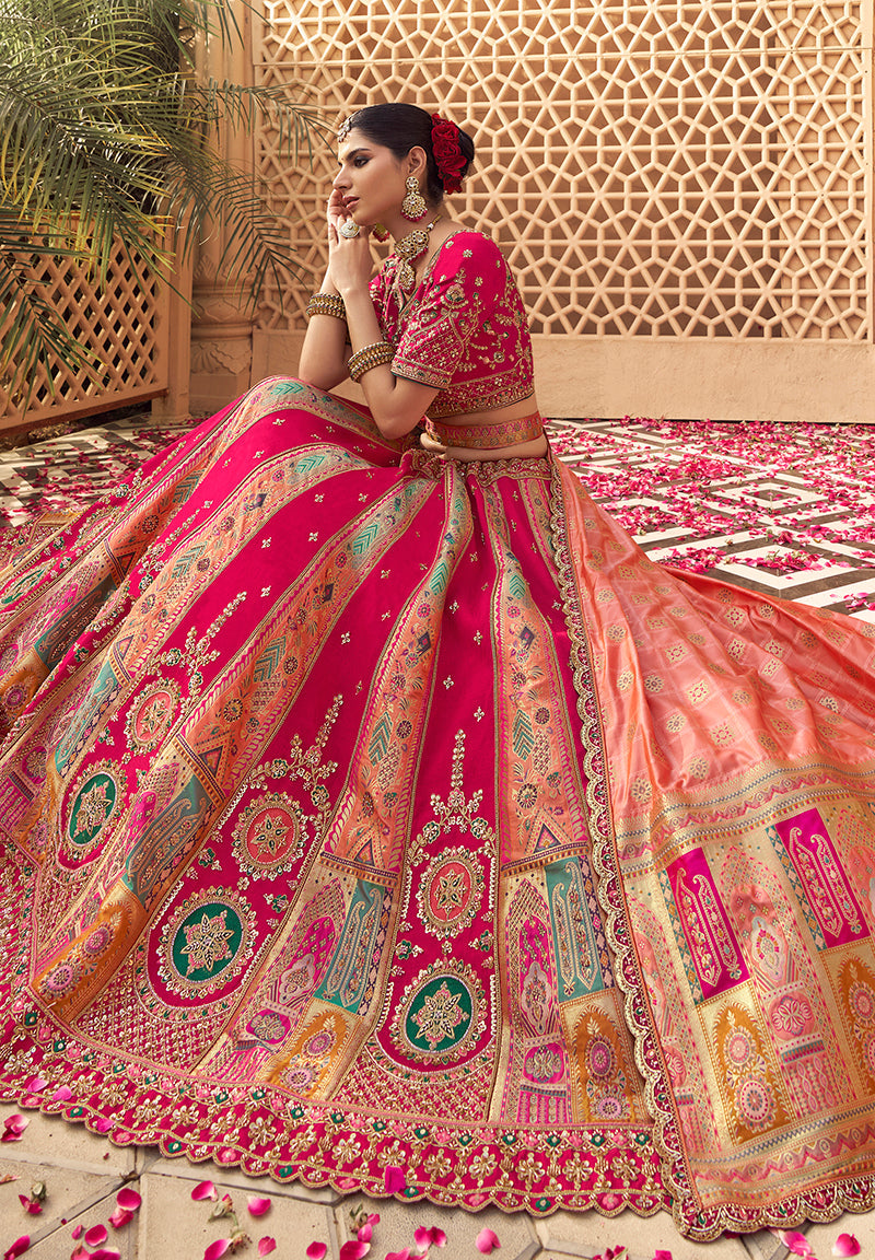 Monjolika Fashion Rani Pink & Peach Banarasi Silk Wedding Wear Lehenga With Embroidery Work