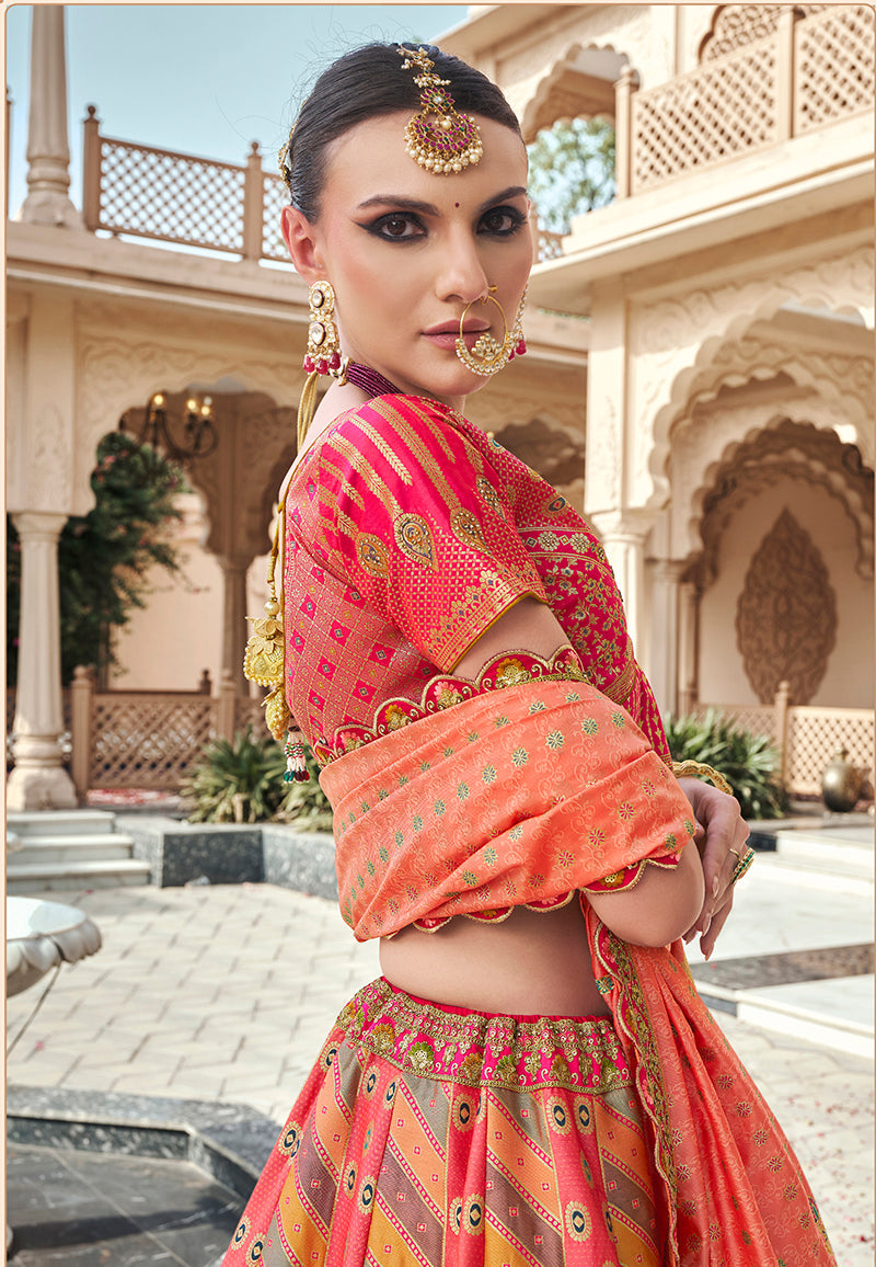 Monjolika Fashion Rani Pink Premium Banarasi Silk With Zarkan & Cutwork Wedding Wear Lehenga
