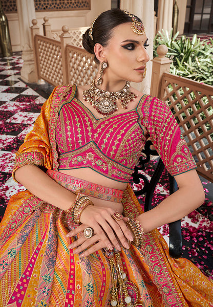 Monjolika Fashion Mustard Multicolor Premium Banarasi Silk With Zarkan & Cutwork Wedding Wear Lehenga
