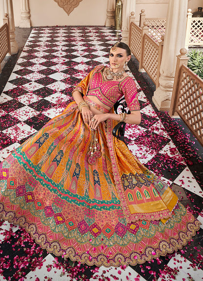 Monjolika Fashion Mustard Multicolor Premium Banarasi Silk With Zarkan & Cutwork Wedding Wear Lehenga