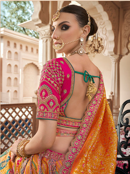 Monjolika Fashion Mustard Multicolor Premium Banarasi Silk With Zarkan & Cutwork Wedding Wear Lehenga