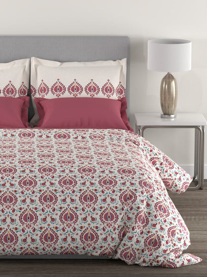 MYTRIDENT White Red Ethnic Motifs 144 TC Cotton Queen Bedsheet With 2 Pillow Covers