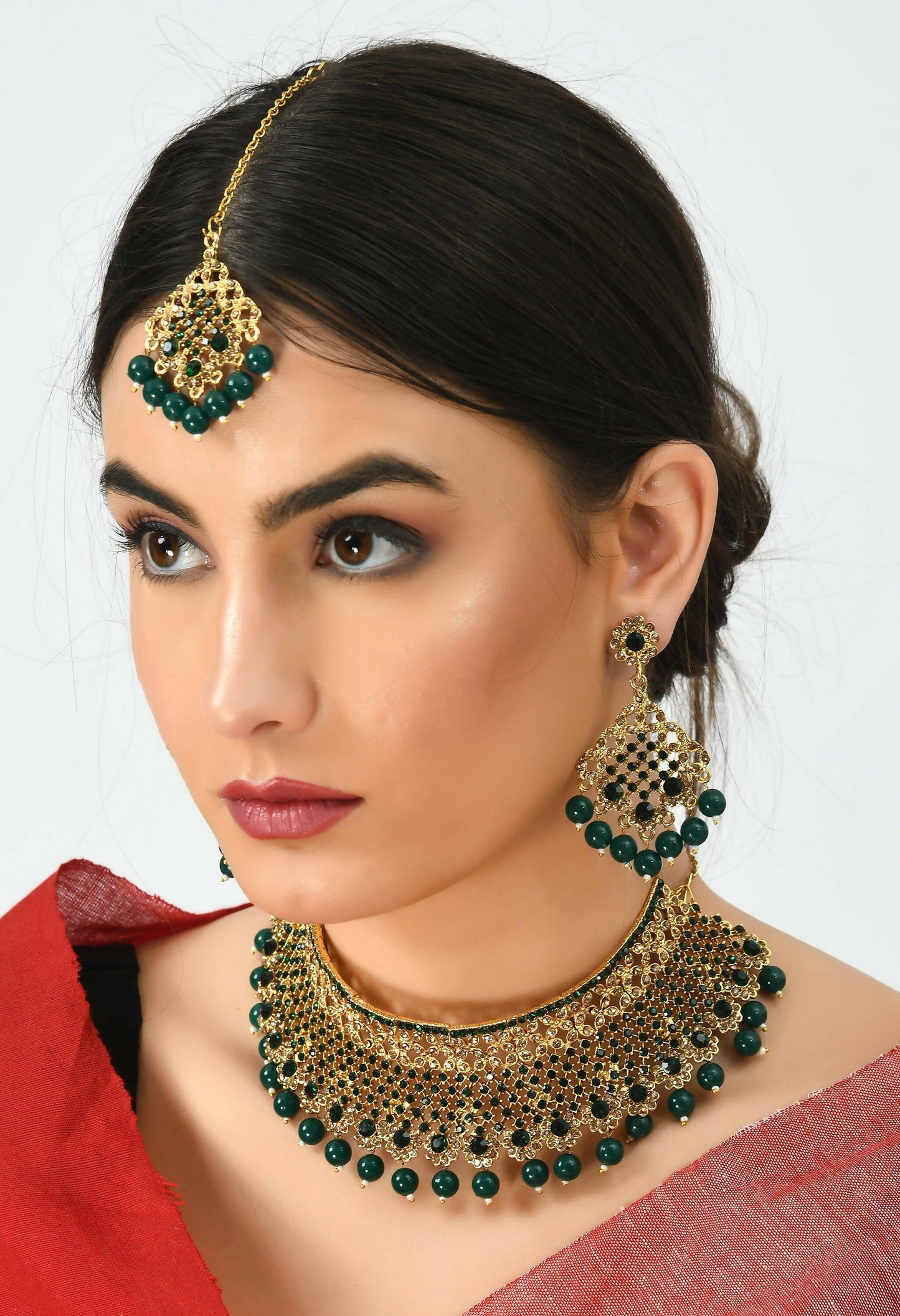 Mominos Fashion Johar Kamal Traditional Rajwadi Design Heavy Golden/Green Color Necklace Set