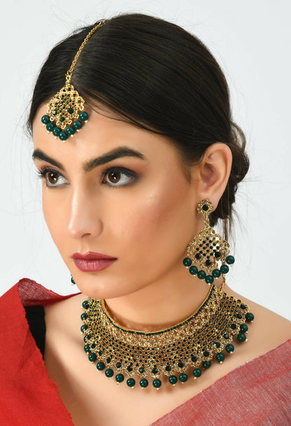 Mominos Fashion Johar Kamal Traditional Rajwadi Design Heavy Golden/Green Color Necklace Set