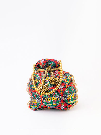 NR By Nidhi Rathi Red & Green Printed Potli Clutch