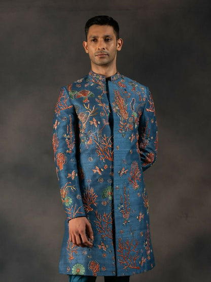 Navy Blue Coral Voyage Hand Embroidered Indowestern Sherwani by Hilo Design