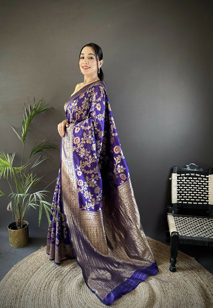 Joban Fashion Violet Floral & Ethnic Motifs Design Soft Silk Meenakari Banarasi Saree