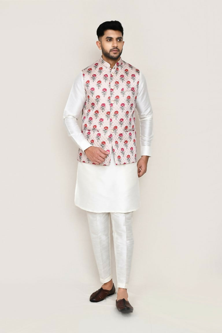 Joban Fashion White Colored Art Silk Fabric Kurta, Jacket With Straight Fit Pant