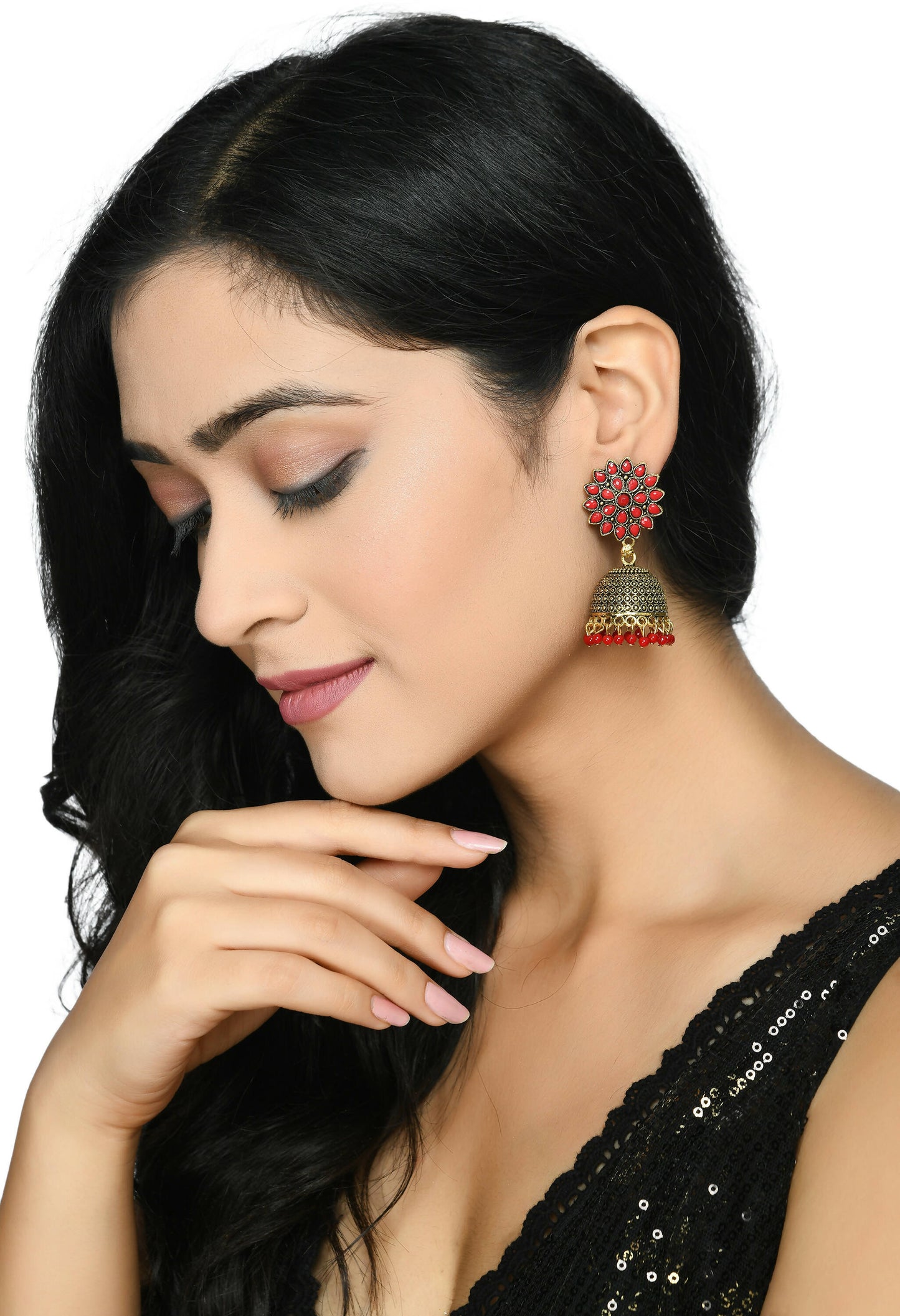 Mominos Fashion Joharkamal Kundan work Jhumka with Red Beads