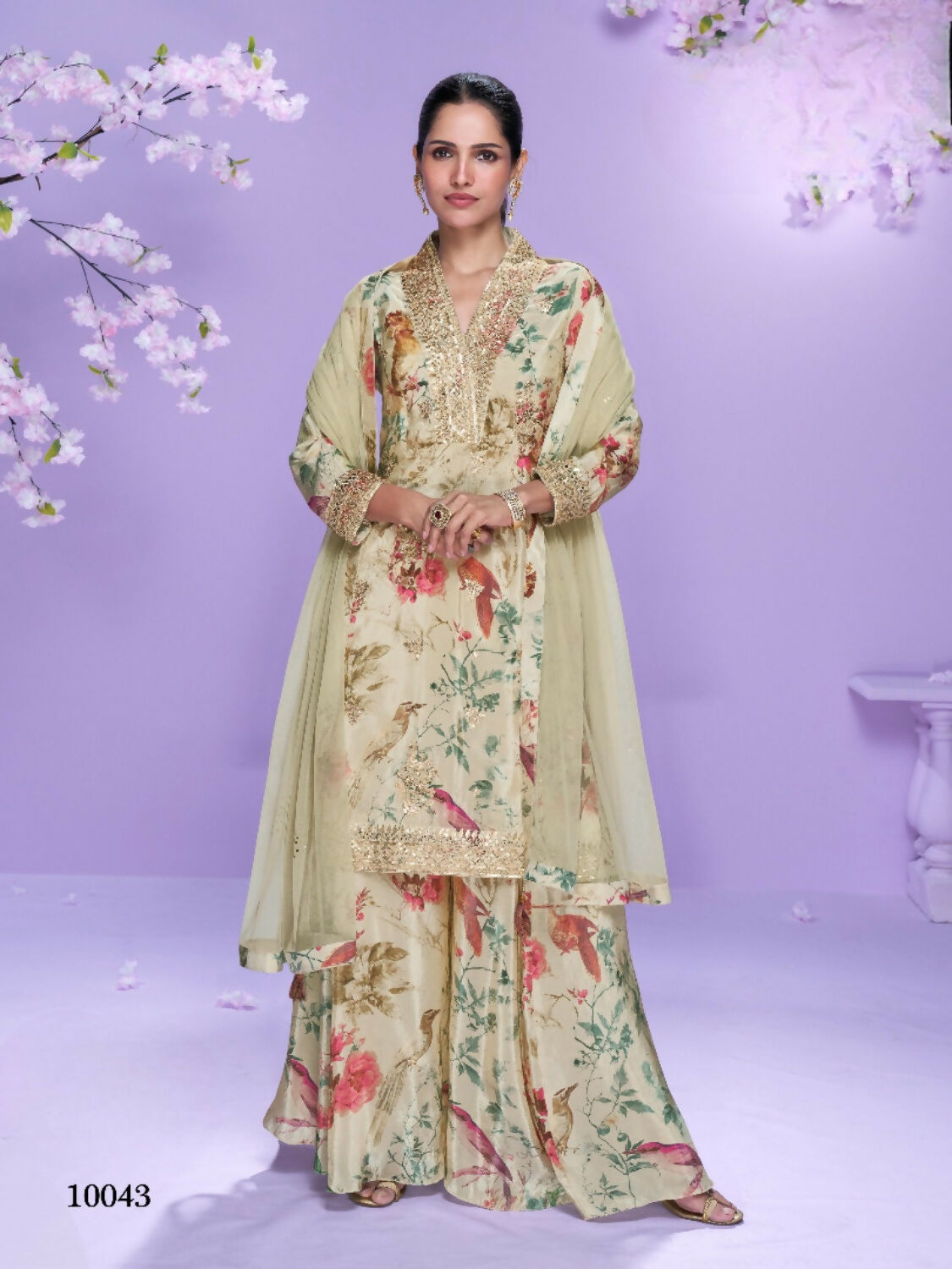 Anaita Cream Chinon Readymade Palazzo Suit with Digital Embroidery Work