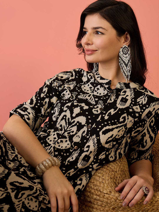 Sangria Black Ikat Printed High Slit Mandarin Collar Roll-Up Sleeves A-line Kurta