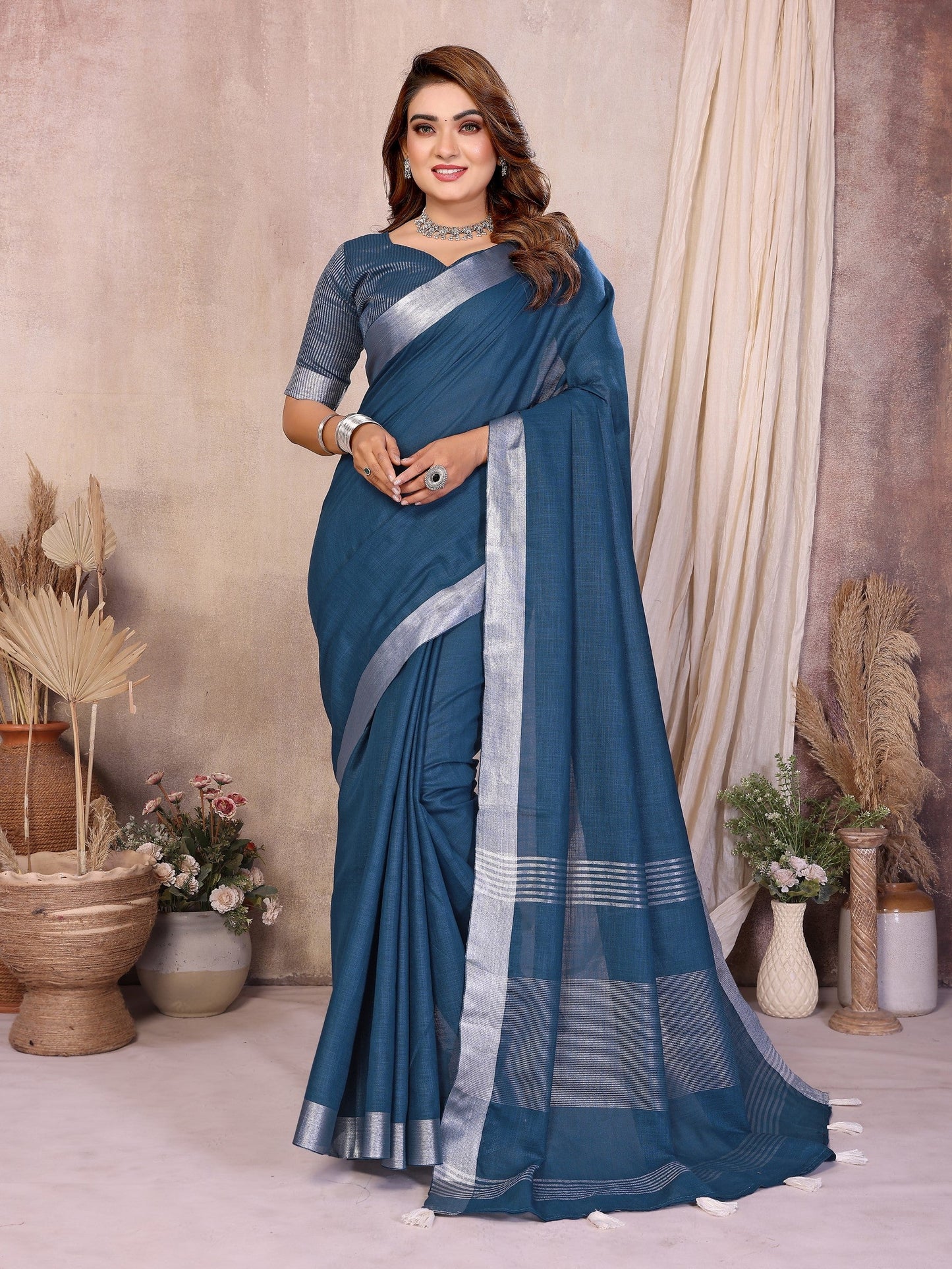 Anaita Navy Blue Weaving Linen Cotton Saree With Blouse