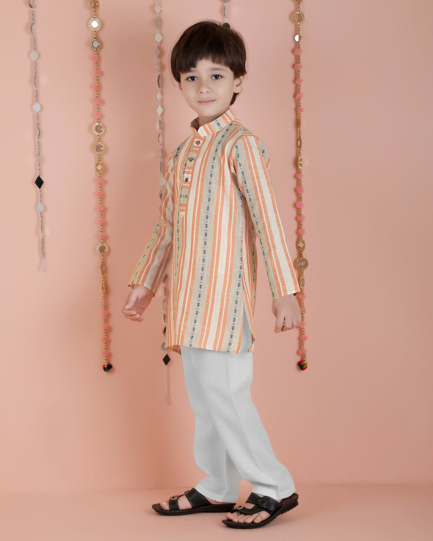 Joban Fashion Kids Island Cotton Full Sleeves Striped Kurta and Pyjama- Orange