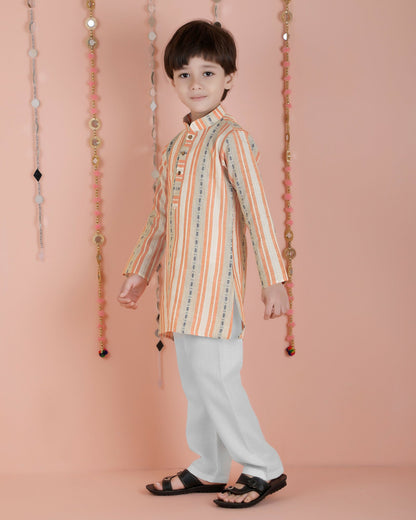 Joban Fashion Kids Island Cotton Full Sleeves Striped Kurta and Pyjama- Orange