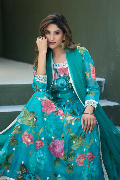 Anaita Blue Tabby Silk Readymade Anarkali Suit with Embroidery Thread & Sequence Work