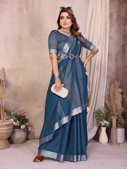 Anaita Navy Blue Weaving Linen Cotton Saree With Blouse
