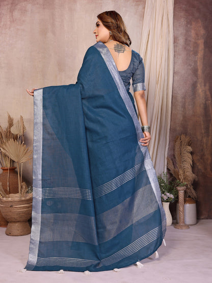 Anaita Navy Blue Weaving Linen Cotton Saree With Blouse