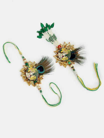 NVR Women & Men Set of 2 Green Radha Krishna Beaded Bhaiya Bhabhi Rakhi With Roli Chawal