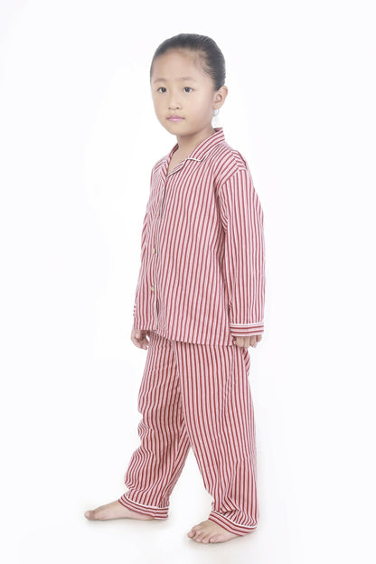 Breathables Kids Cotton Night Suit – Red & White Striped Shirt & Pyjama Co-Ord Set For Boys & Girls