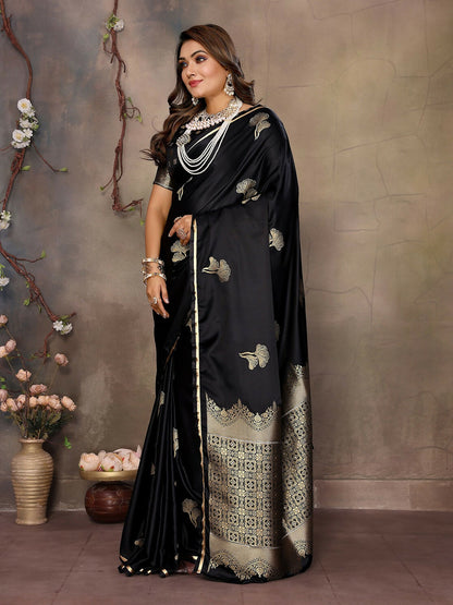 Joban Fashion Black Floral Motifs Banarasi Silk Sarees