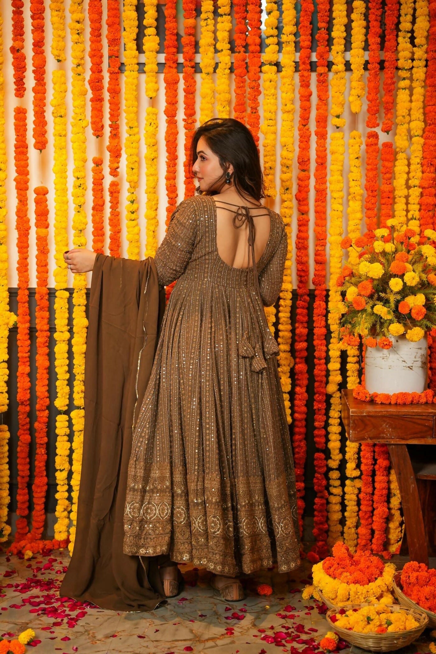 Aayaa Designer Embroidery Zari Sequins Work Faux Blooming Georgette Suit - Brown