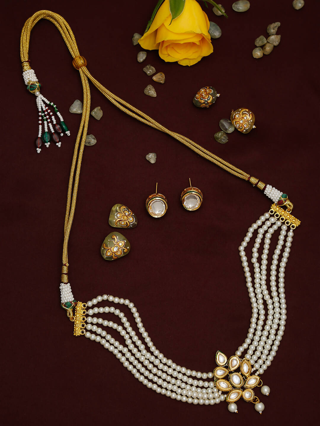 Gold-Polished White Pearl Kundan Choker With Studs - Ruby Raang