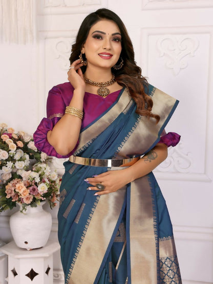 Anaita Navy Blue Soft Silk With Zari Weaving Borders Saree With Blouse
