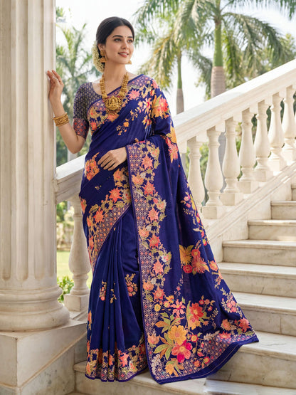 Aastha Fashion Royal Blue Premium Russian Silk Designer Floral Position Print Saree
