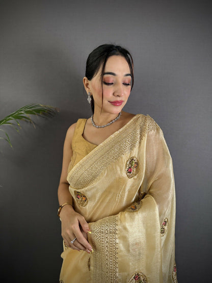 Joban Fashion Light Yellow Handloom Banarasi Organza Silk Khatali Butta Work Saree