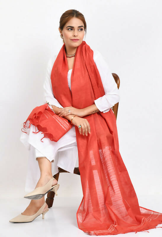 Mominos Fashion Moeza Women's Linen Cotton Silver Border Red Dupatta