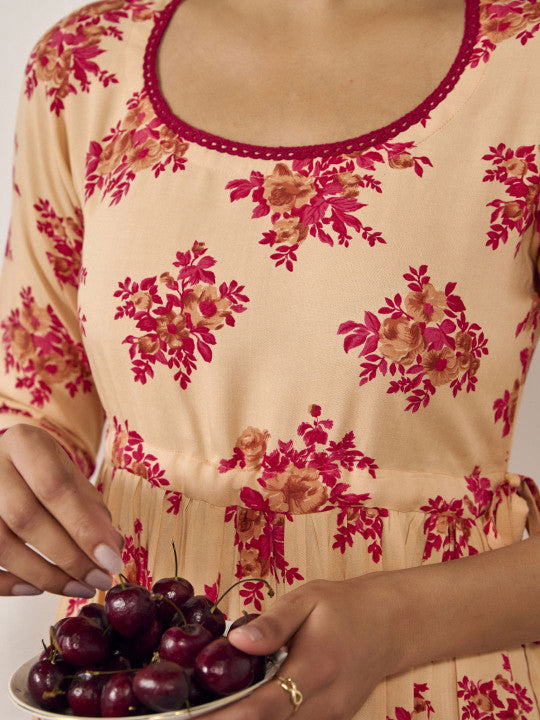 Anayna Floral Printed Pure Cotton Anarkali Kurta with Trousers & Dupatta