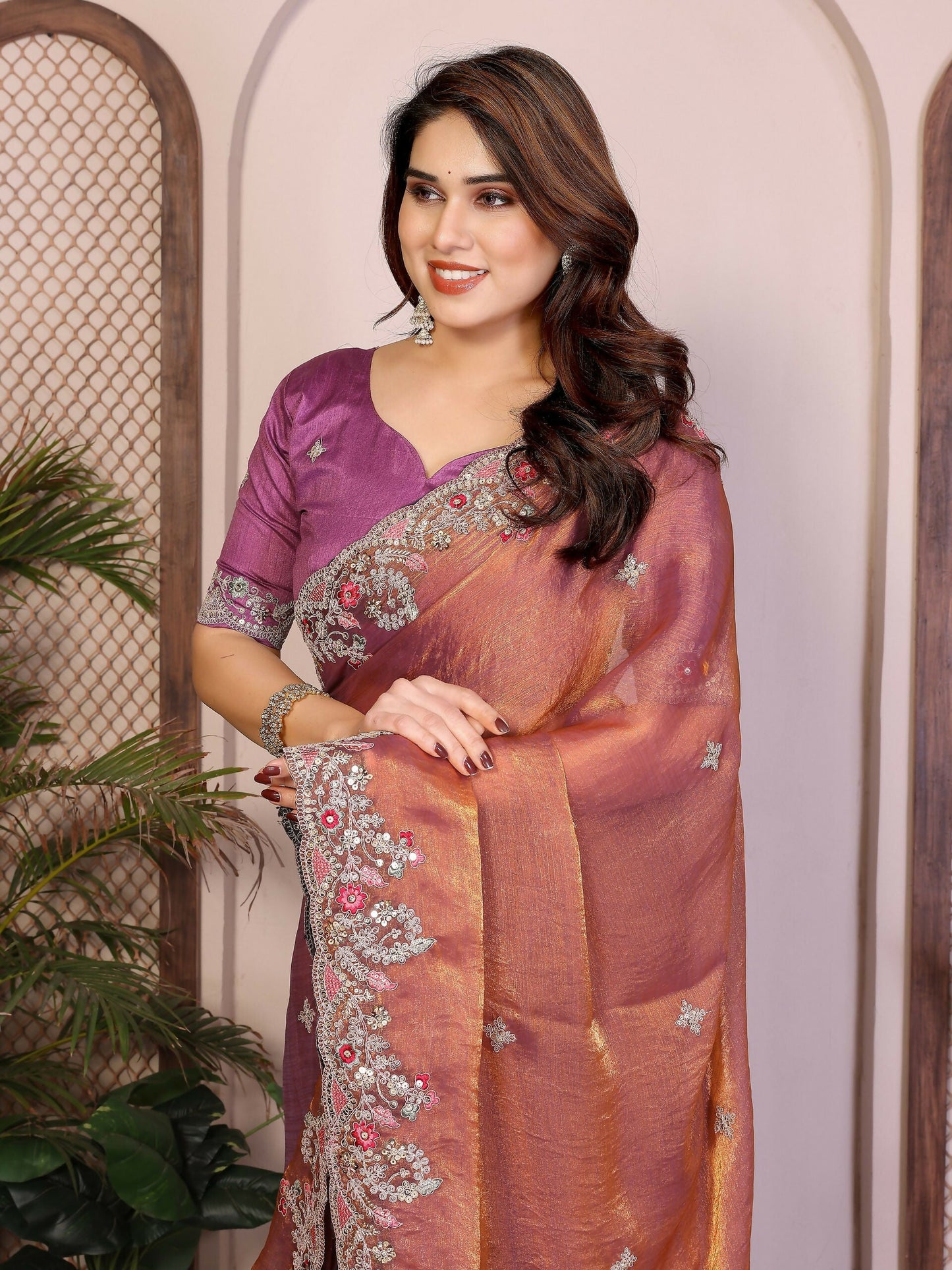 Teeya Creation New Womens Latest Party Wear Soft Chiffon Silk Saree-Peach