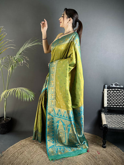 Joban Fashion Pista Green Intricate Motifs Soft Silk Banarasi Saree