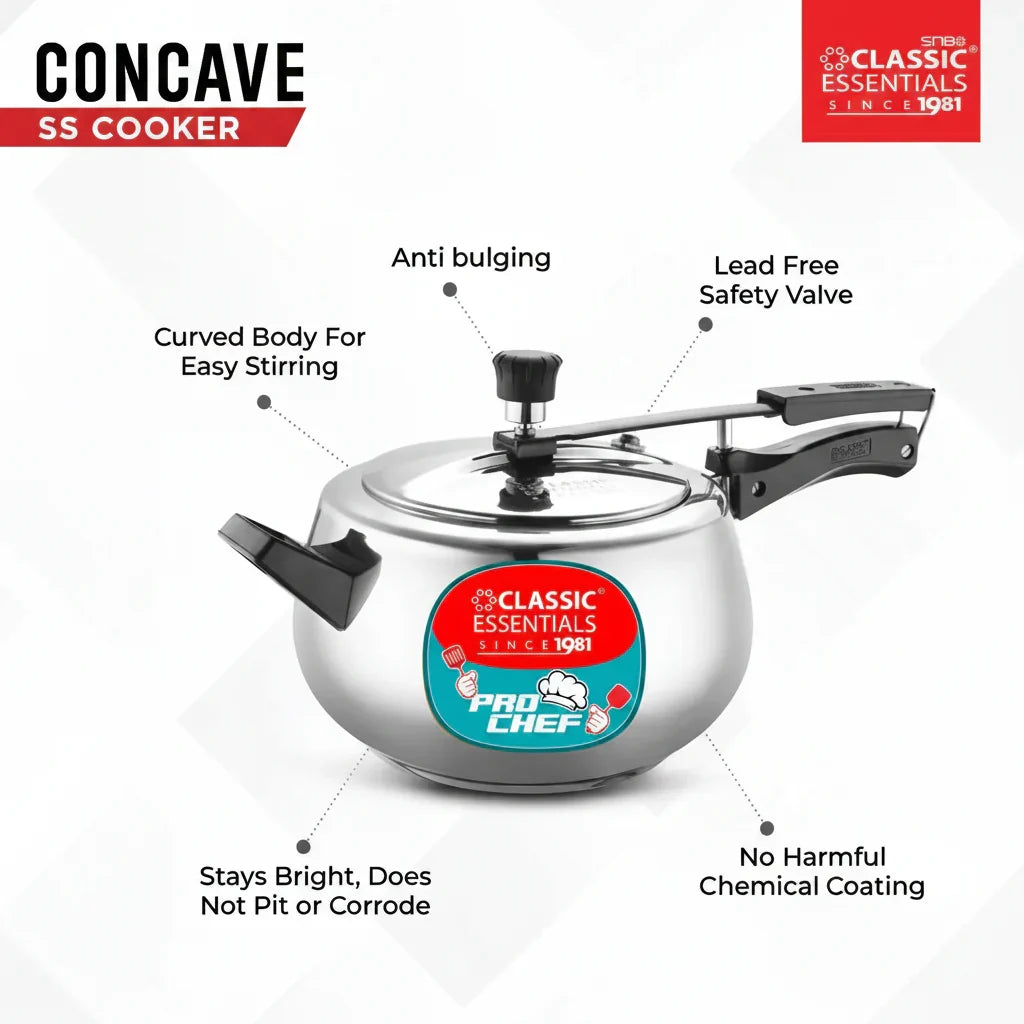 Classic Essentials Pro Chef Concave Stainless Steel Pressure Cooker - 5L