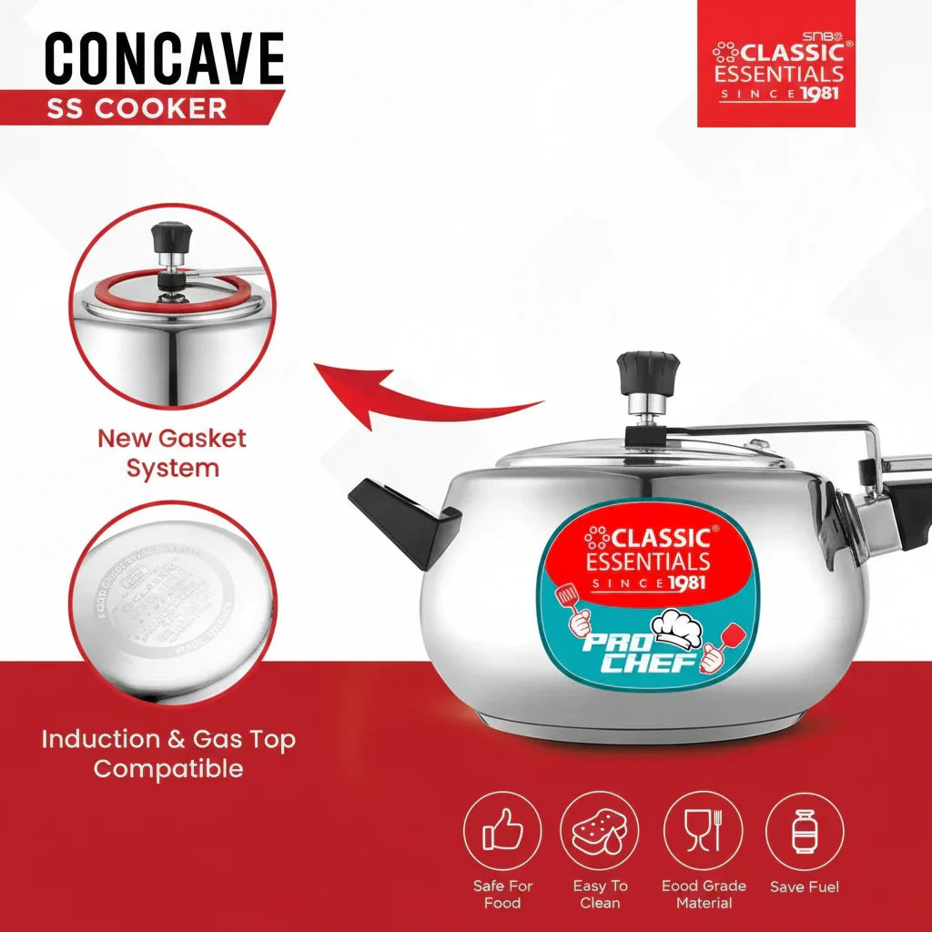 Classic Essentials Pro Chef Concave Stainless Steel Pressure Cooker - 5L