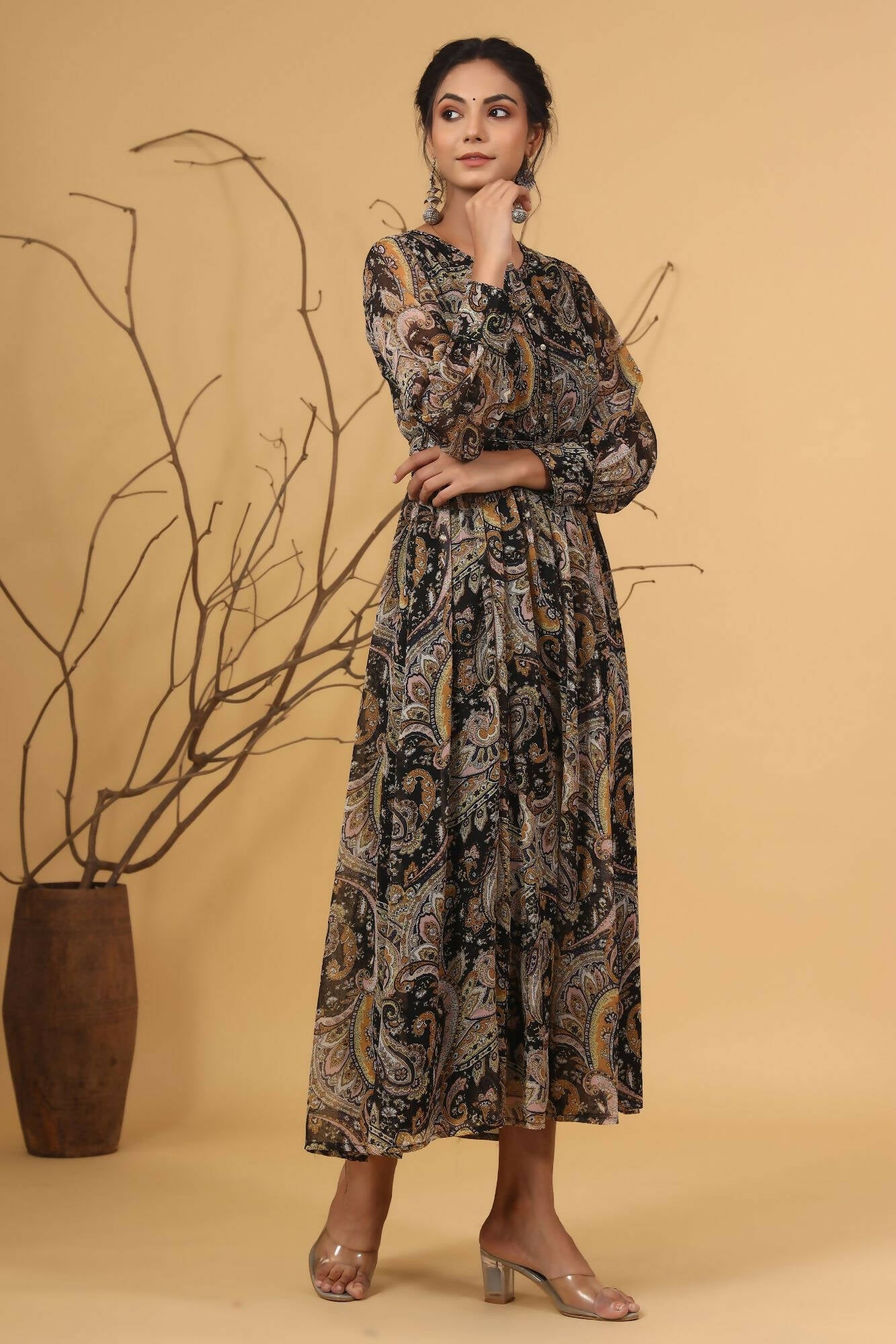 Juniper Women Black Chiffon Printed Flared Dress