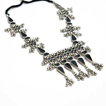 Mominos Fashion Johar Kamal Oxidised Silver-Plated Meenakari Long Necklace Set