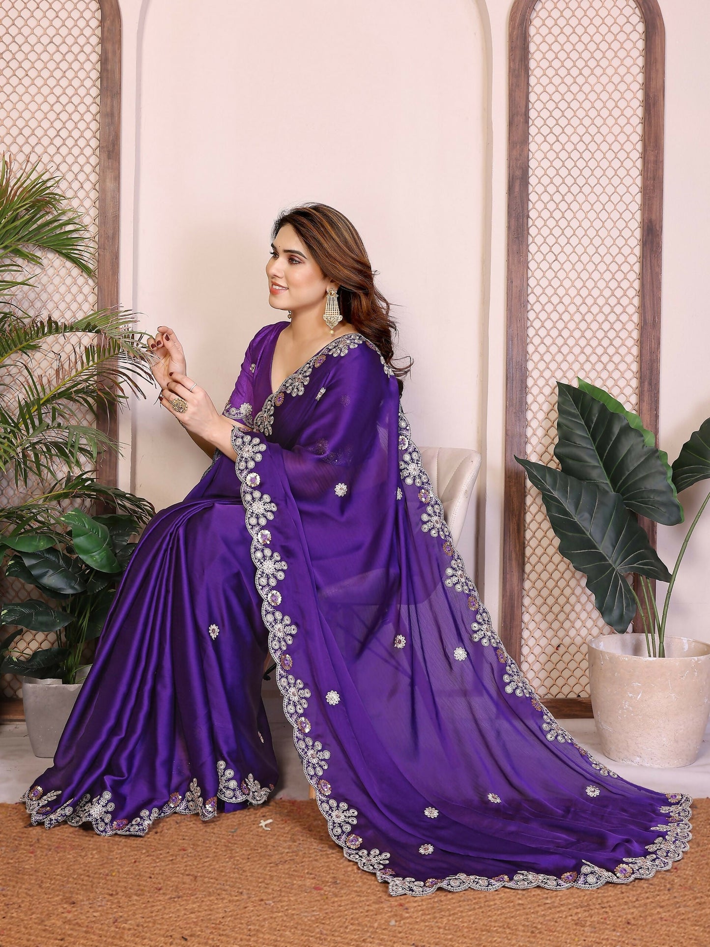 Teeya Creation New Trendy Party Wear Soft Satin Chiffon Saree-Purple